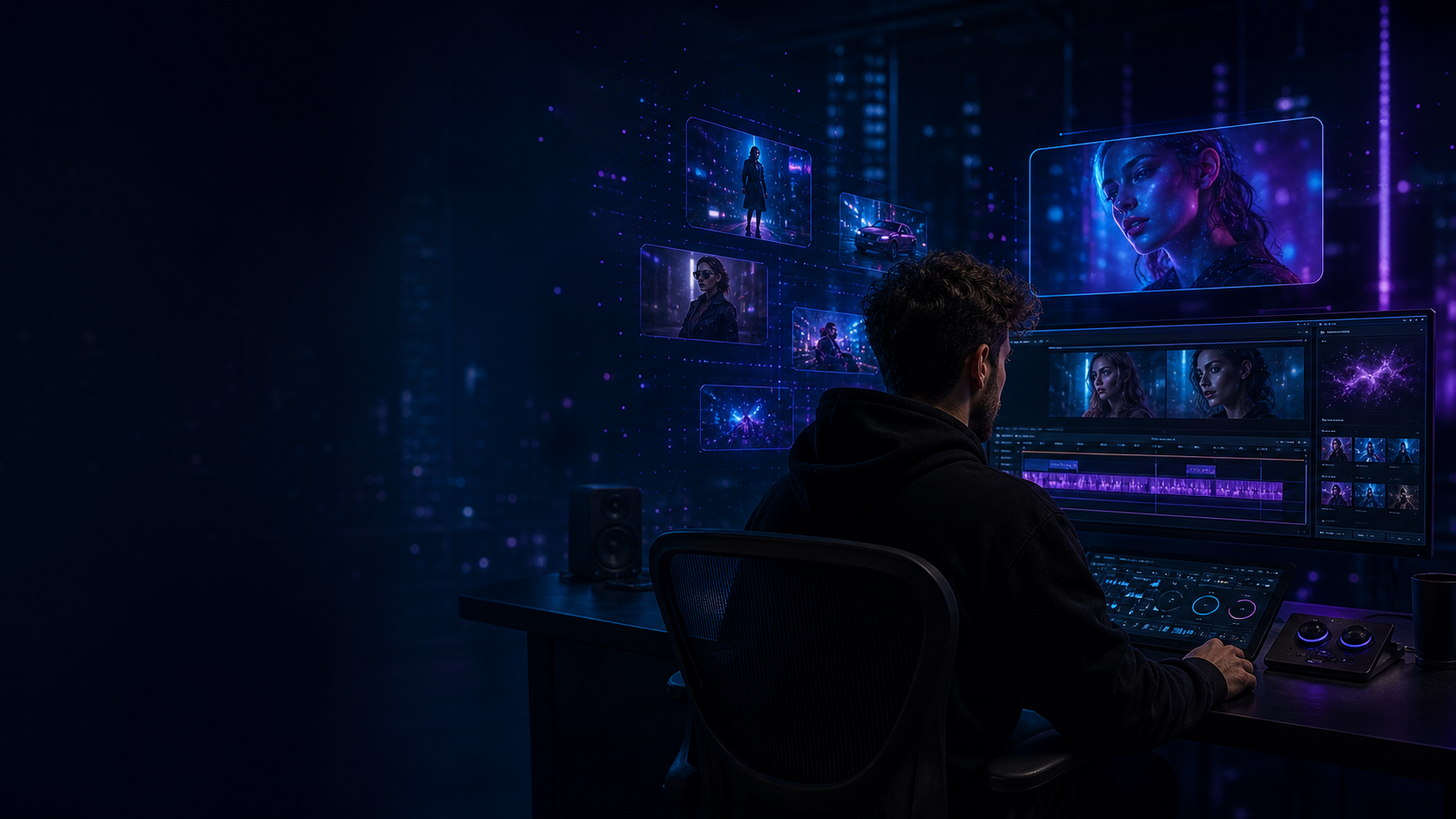 Creator editing AI video concepts in a dark studio