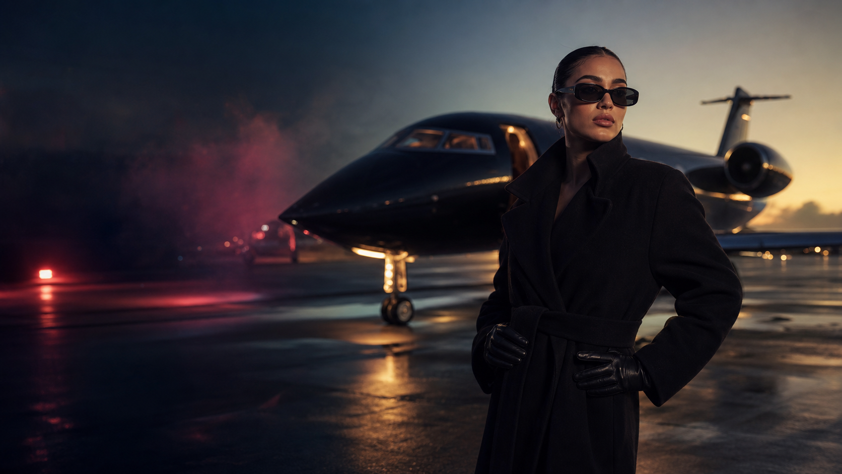 Luxury AI influencer in front of a private jet
