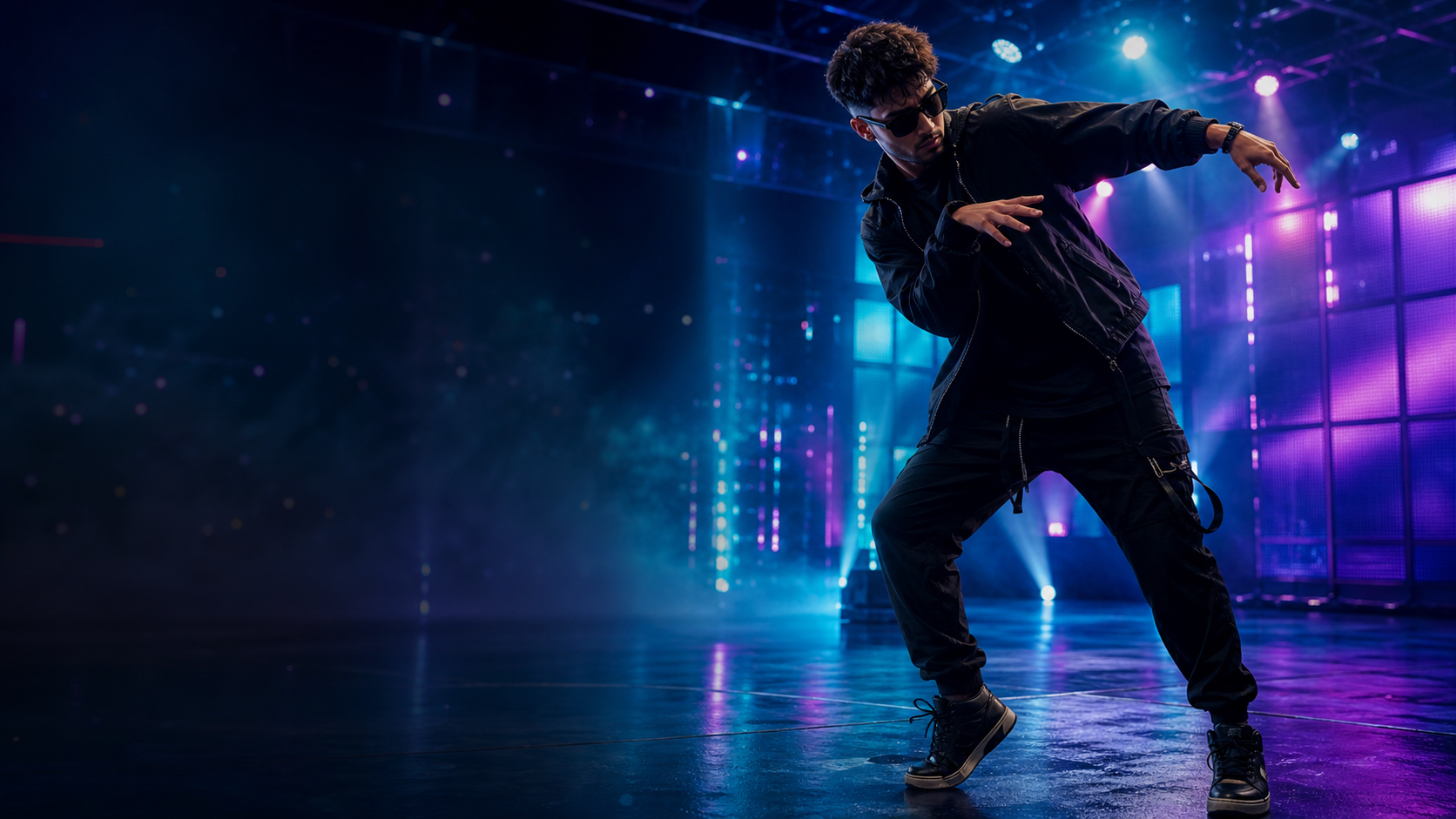 Creator dancing in a cinematic neon studio